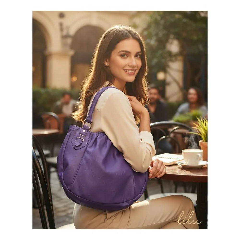 Lilu. Purple Faux Leather Hobo Shoulder Bag W/Dual Handles Gathered Top